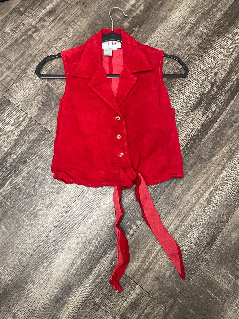 Cedars Suede Red Tie-Front Sleeveless Collared Vest Top